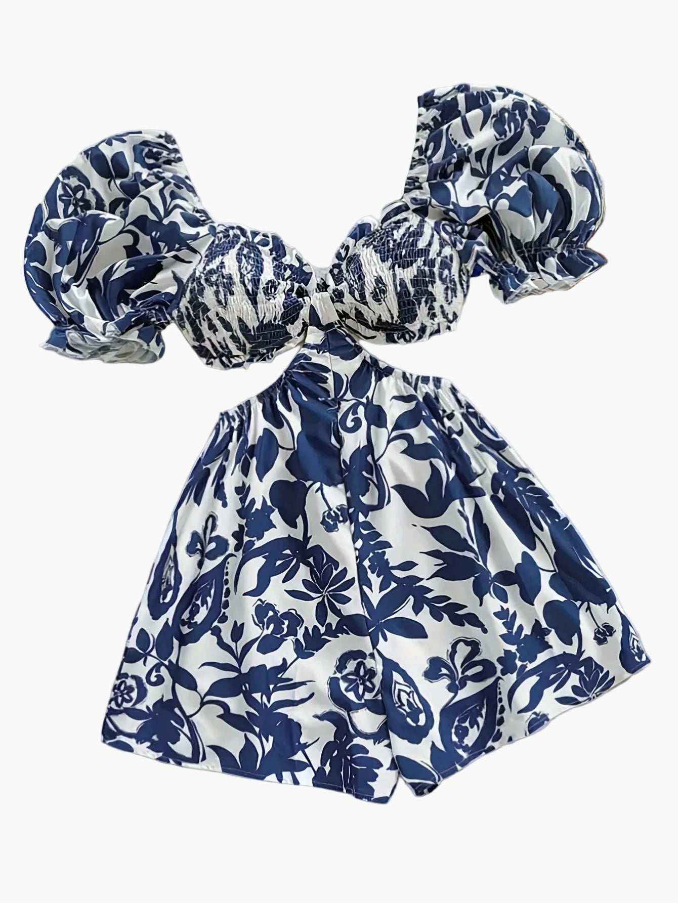 Damen Jumpsuit mit Tropenmuster und Puffärmeln – Perfekt für Urlaub, Strand & Sommerfeste