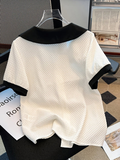 Damen Bluse im Vintage-Stil mit Kontrastkragen und kurzen Ärmeln – Elegante Alltagsmode