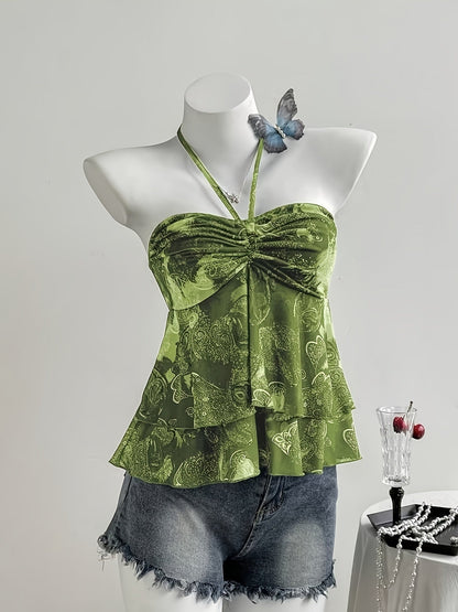 Damen Halterneck Volant-Top mit Herzmuster und Rüschen – Verspielter, femininer Look für Freizeit und Ausgehen