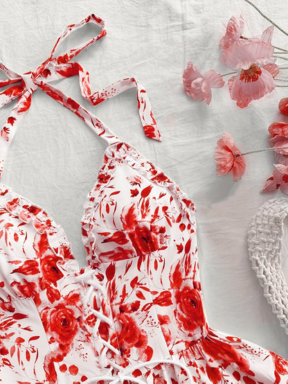 Damen Mini Kleid mit Rosenmuster und Volants – Elegantes Halterneck Sommerkleid für romantische Anlässe