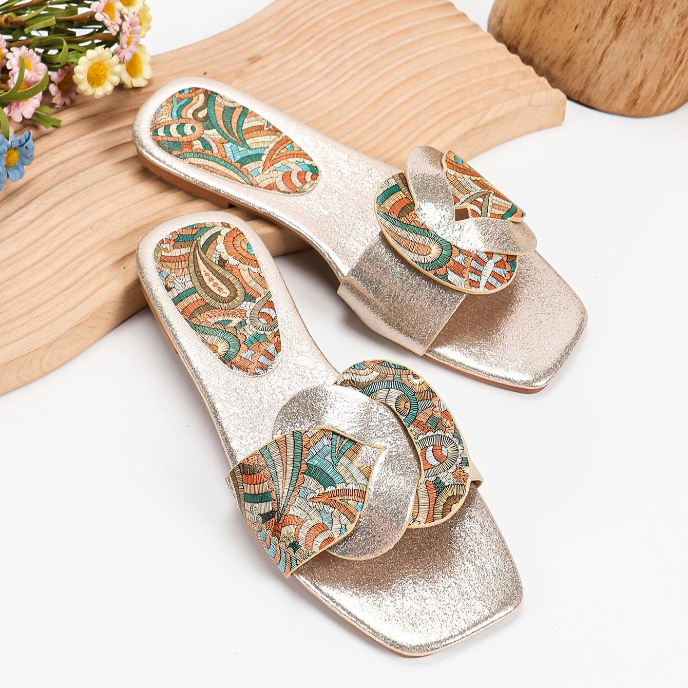 Damen-Pantoletten mit Paisley-Muster und modernem Square-Toe-Design – Elegante Sommerschuhe für Alltag und Freizeit
