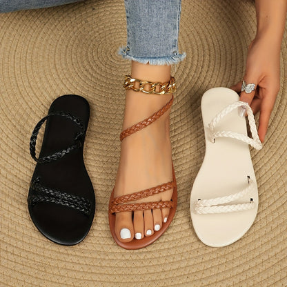 Damen Geflochtene Sommer-Sandalen – Modische Flache Riemchensandalen für Alltag & Urlaub