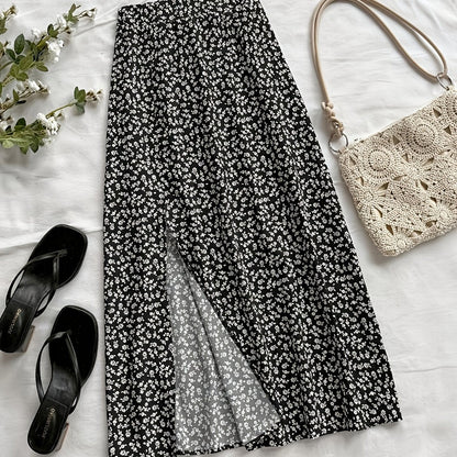 Damen Midi-Rock mit Blumenmuster und Schlitz – Eleganter Freizeitrock für Alltag & Ausgehen