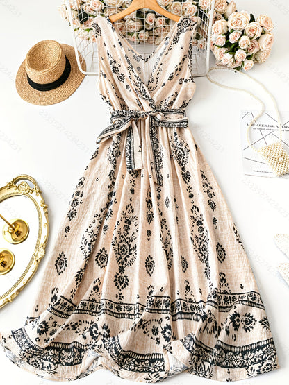 Damen Boho Maxikleid mit Gürtel und Vintage Print – Elegantes Sommerkleid für Alltag und besondere Anlässe