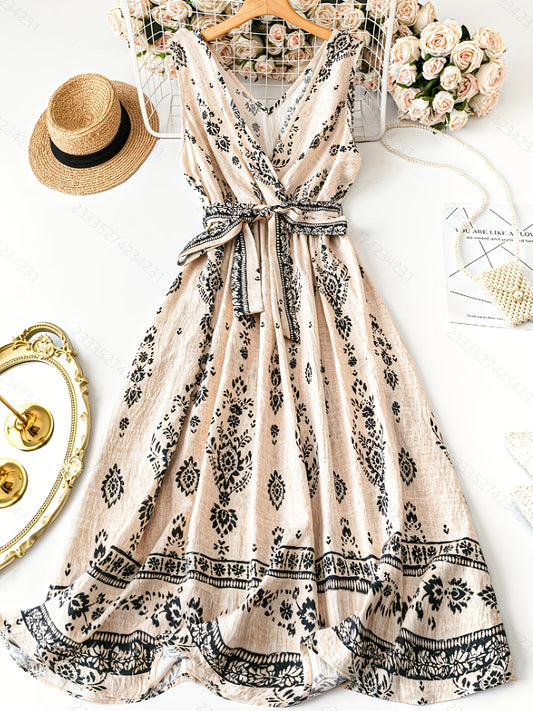 Damen Boho Maxikleid mit Gürtel und Vintage Print – Elegantes Sommerkleid für Alltag und besondere Anlässe