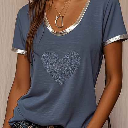 Damen T-Shirt mit Herzmotiv und Metallic-Details – Modisches Freizeitshirt, lässig und stilvoll