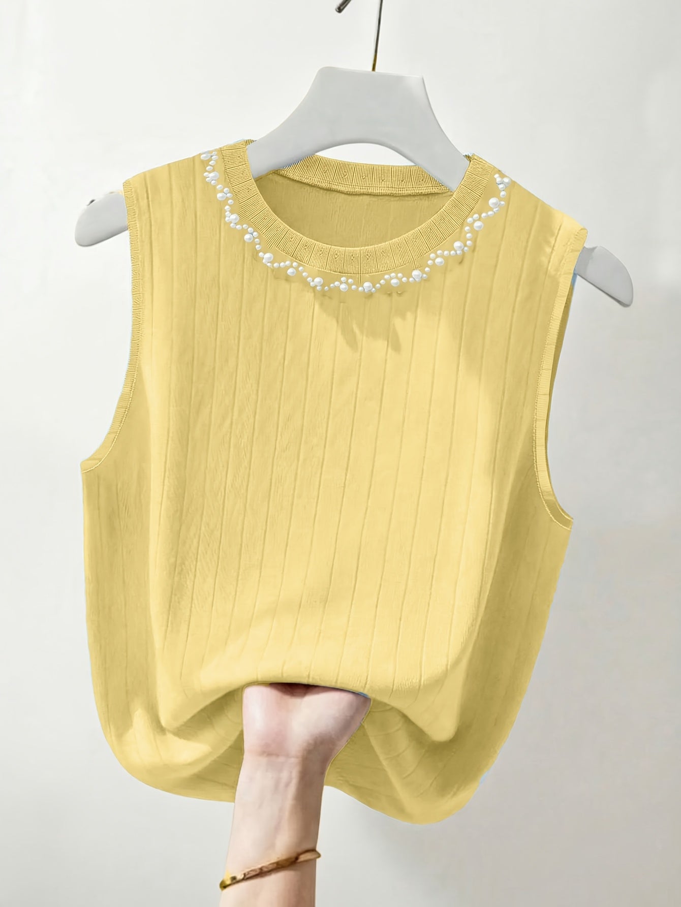 Damen Elegantes Stricktop mit Perlenbesatz, Ärmellos, Perfekt für Alltag und Büro
