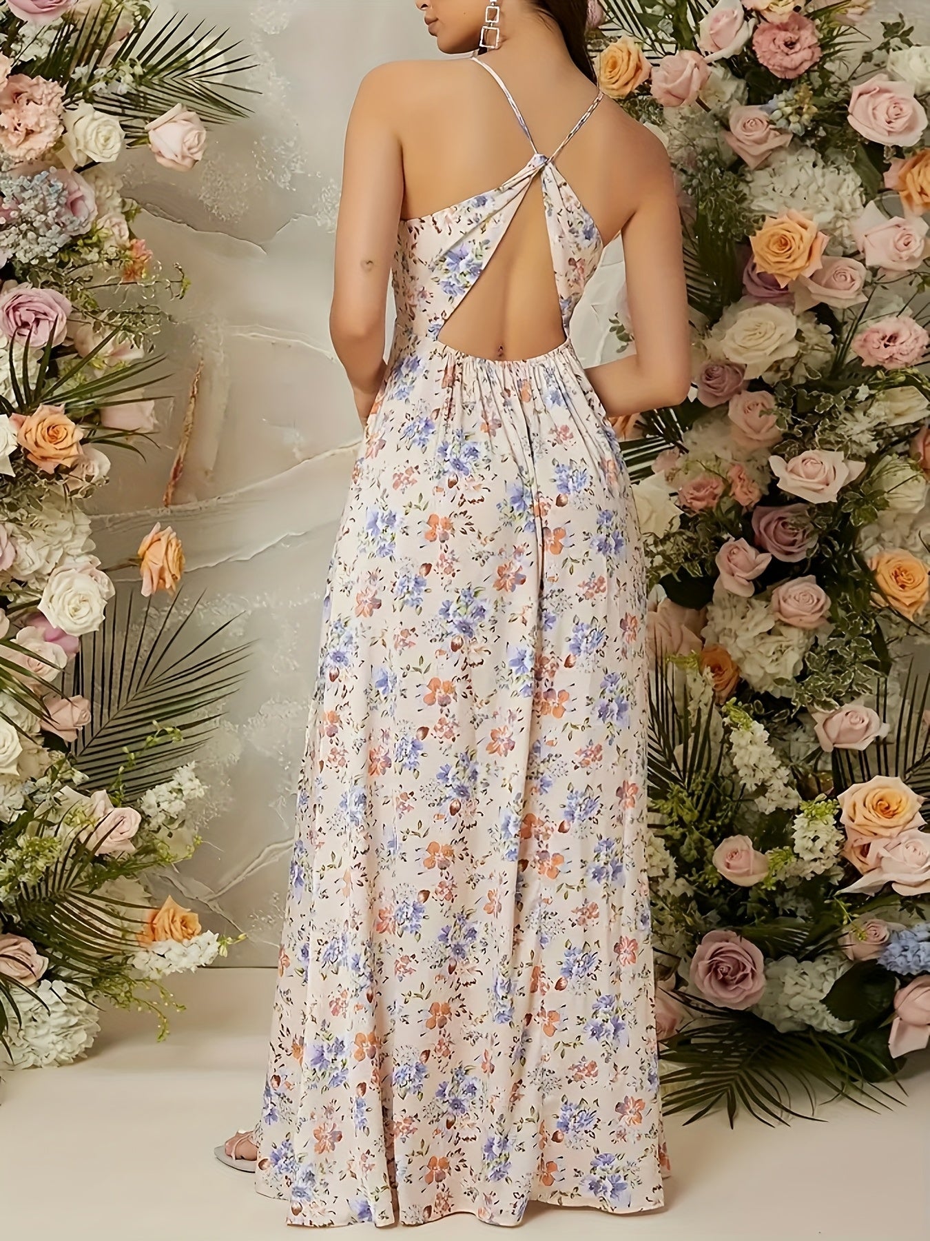 Damen Elegantes Maxikleid mit Blumenmuster und Beinschlitz – Perfekt für Hochzeiten und Sommerfeste