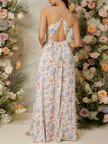Damen Elegantes Maxikleid mit Blumenmuster und Beinschlitz – Perfekt für Hochzeiten und Sommerfeste