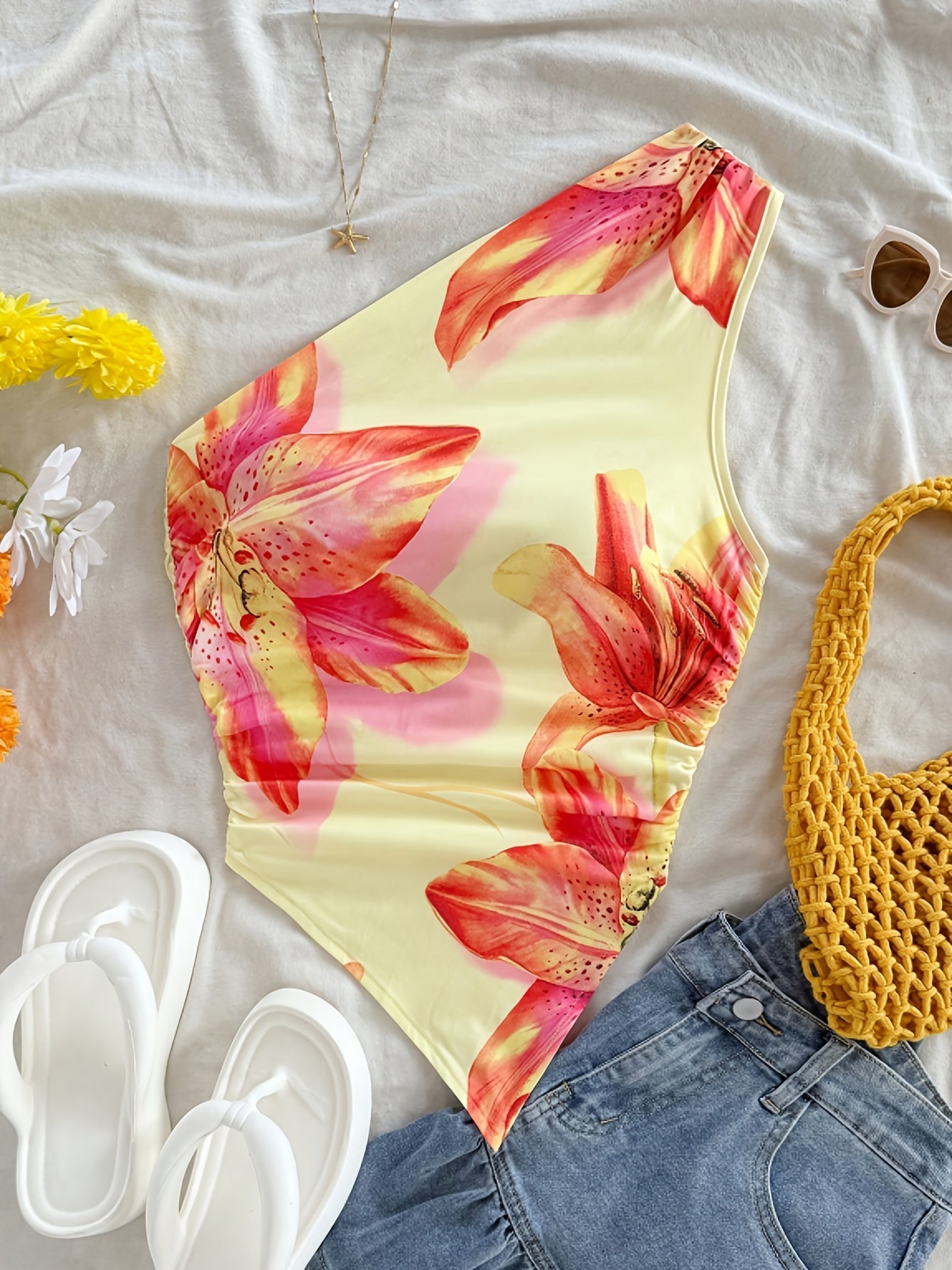 Damen Ein-Schulter Body mit Blumenmuster – Eleganter Sommer-Style für Alltag & Urlaub