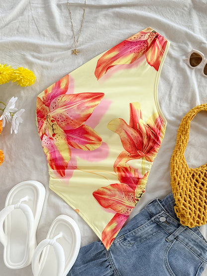 Damen Ein-Schulter Body mit Blumenmuster – Eleganter Sommer-Style für Alltag & Urlaub