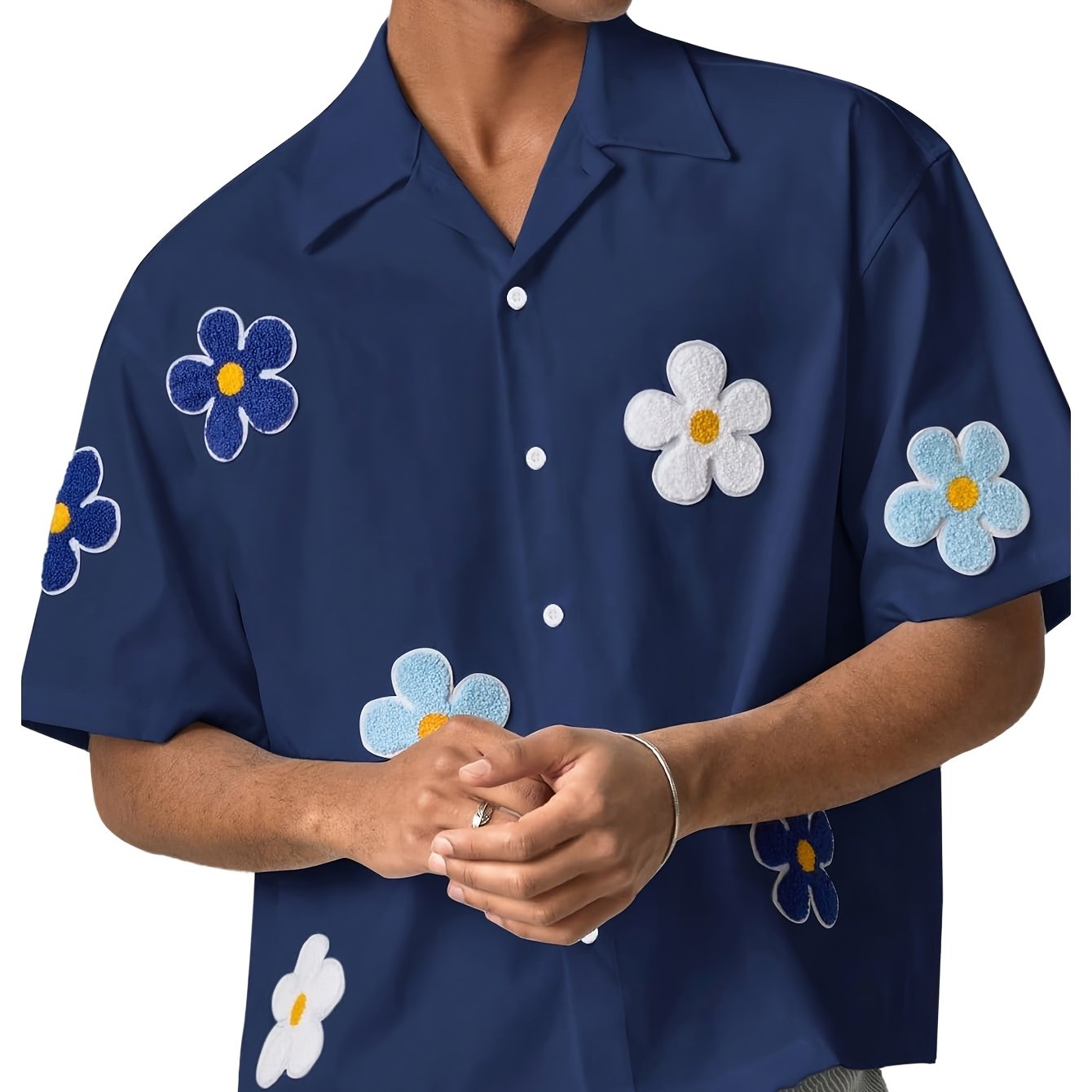 Herren Freizeit-Hemd mit Blumenstickerei und kurzem Ärmel – Modernes, verspieltes Design für Alltag und Ausgehen