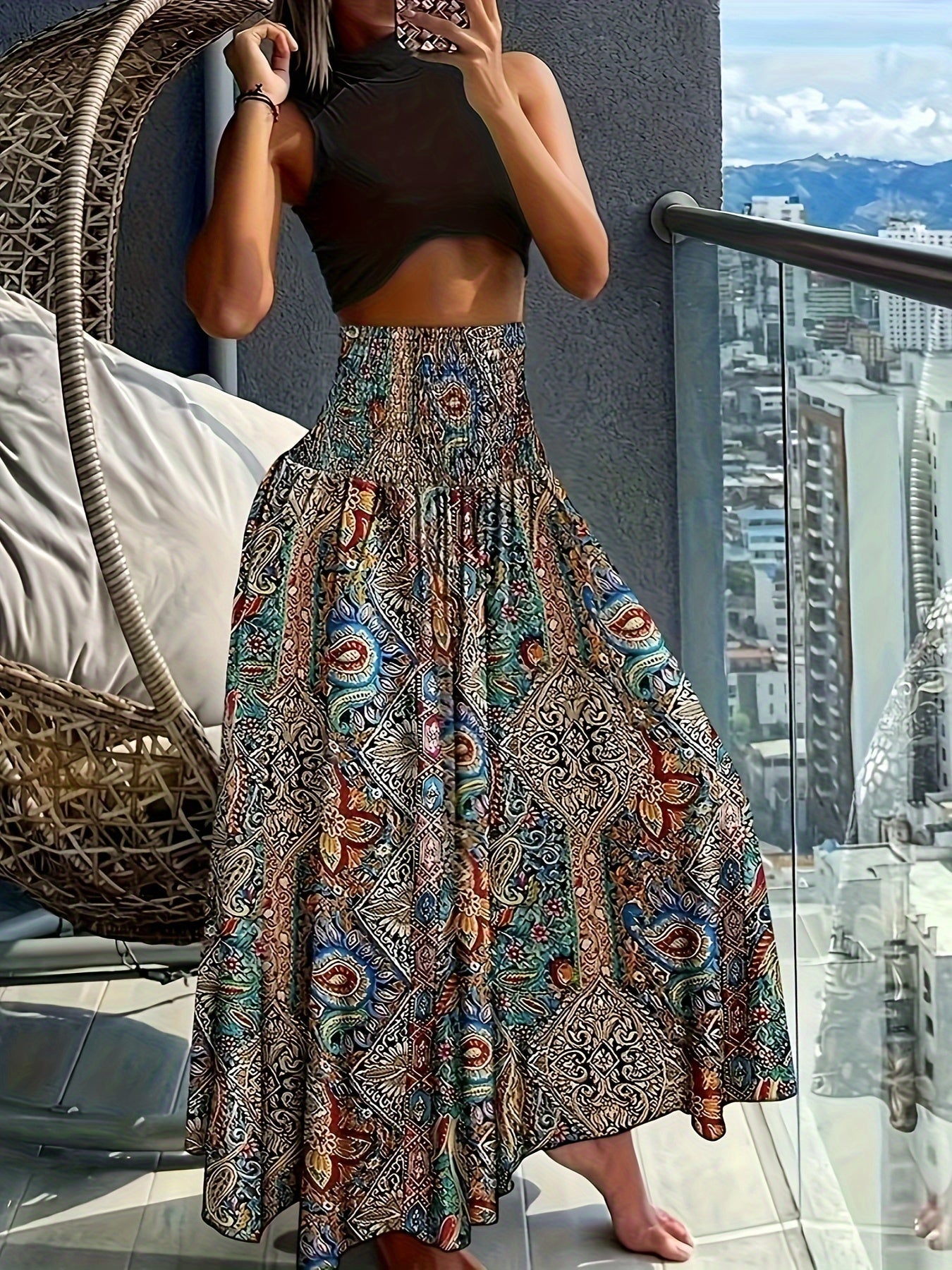 Damen Maxirock Boho-Stil mit tropischem Muster – Perfekt für Sommer, Urlaub & Freizeit