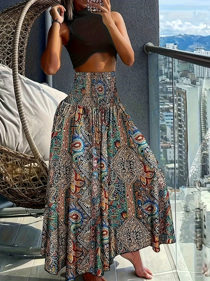 Damen Maxirock Boho-Stil mit tropischem Muster – Perfekt für Sommer, Urlaub & Freizeit