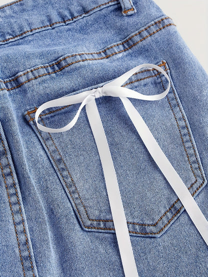 Damen Jeans Minirock mit Taschen und Schleifen – Modischer Streetstyle für Freizeit und Alltag