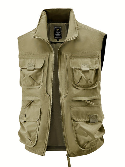 Herren Outdoor Utility Weste mit Stehkragen – Multifunktionsweste für Angeln, Wandern, Freizeit