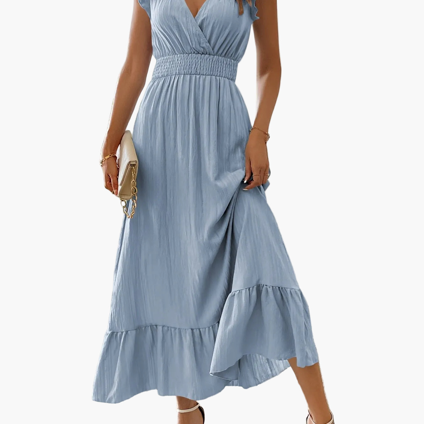 Damen Elegantes Maxikleid mit V-Ausschnitt und Rüschen – Perfekt für Sommer und besondere Anlässe