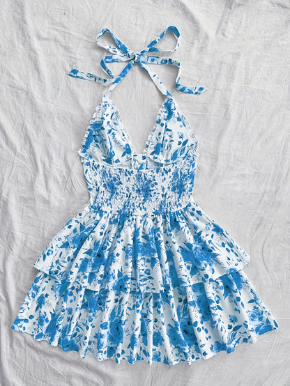Damen Mini Kleid mit Rosenmuster und Volants – Elegantes Halterneck Sommerkleid für romantische Anlässe