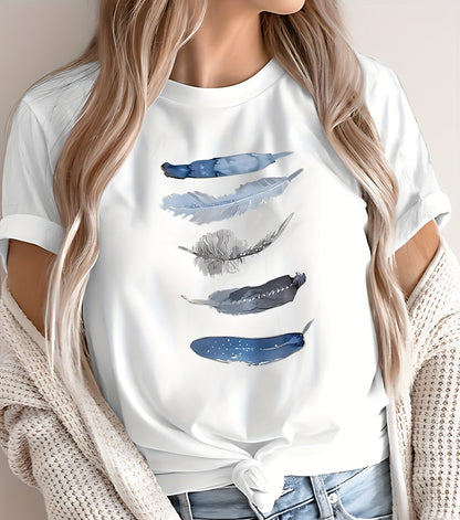 Damen T-Shirt mit künstlerischem Feder-Print – Lässiger Stil für Alltag & Freizeit