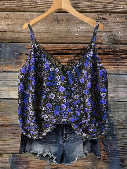 Damen Sommer-Top mit Blumenmuster und Spitzen-Detail – Lässiges Trägertop für Freizeit und Urlaub