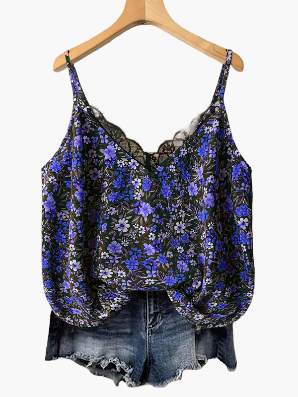 Damen Sommer-Top mit Blumenmuster und Spitzen-Detail – Lässiges Trägertop für Freizeit und Urlaub