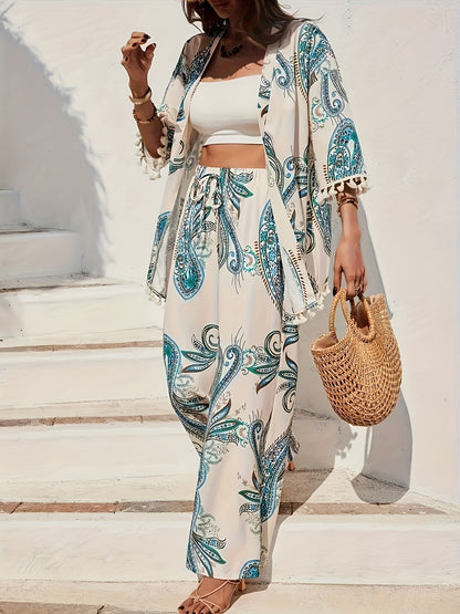 Damen Boho Zweiteiler Set mit Kimono und Weitbein-Hose – Eleganter Paisley Look für Urlaub & Alltag