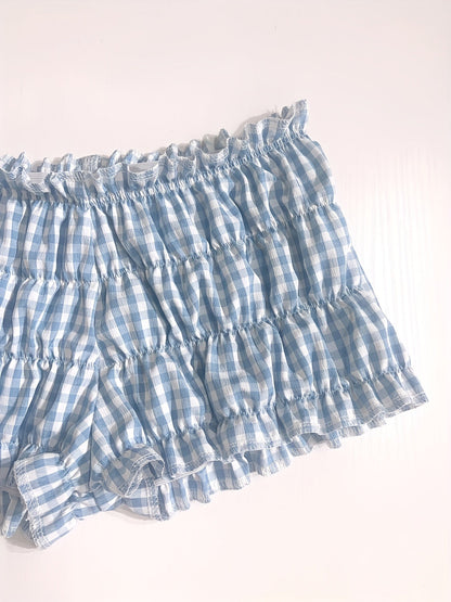 Damen Y2K Karo Rüschen Shorts – Vintage Style Loungewear & Pyjamashorts