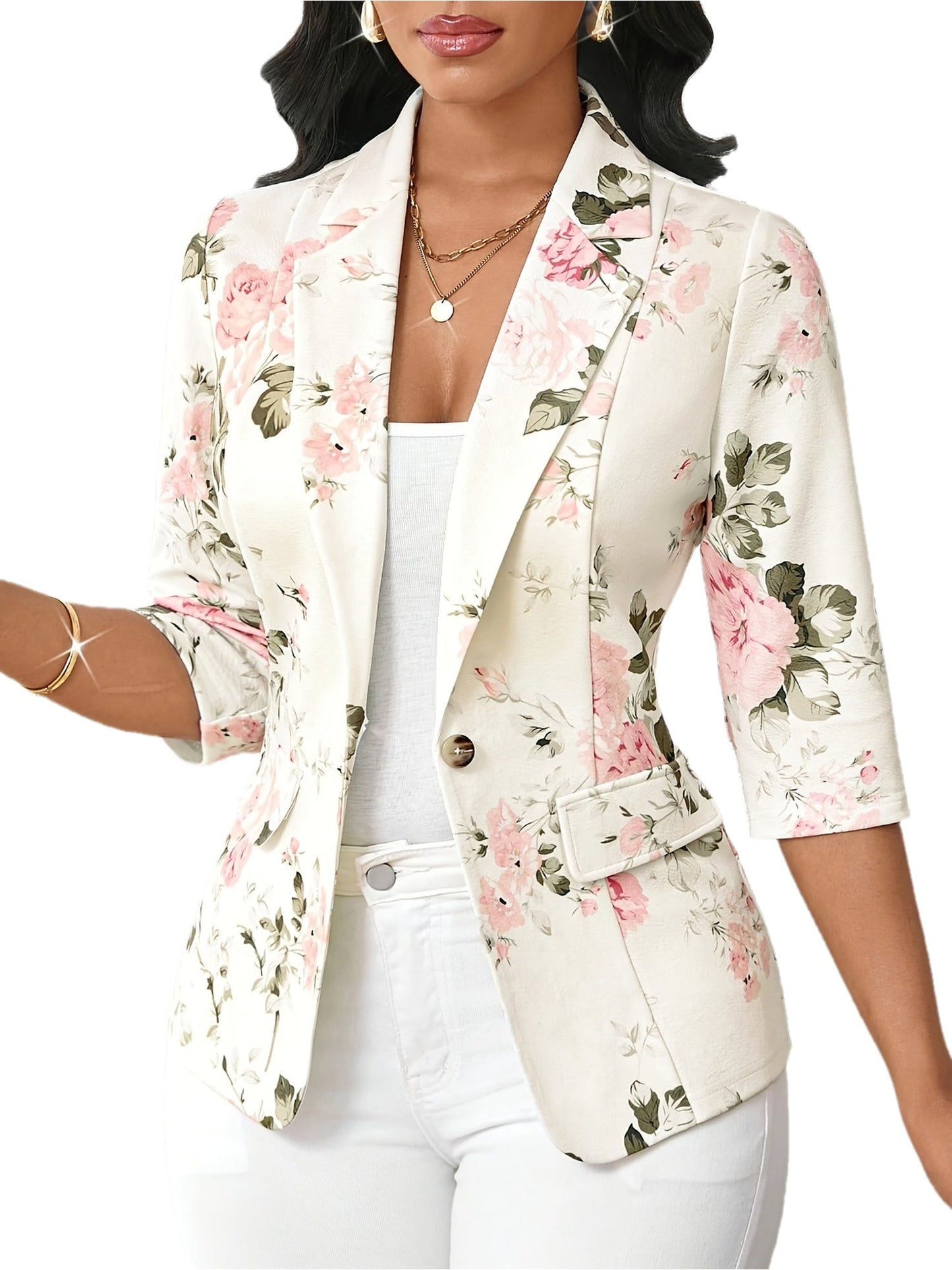 Damen Blazer Elegant Floral Business Freizeitjacke mit 3/4-Ärmeln