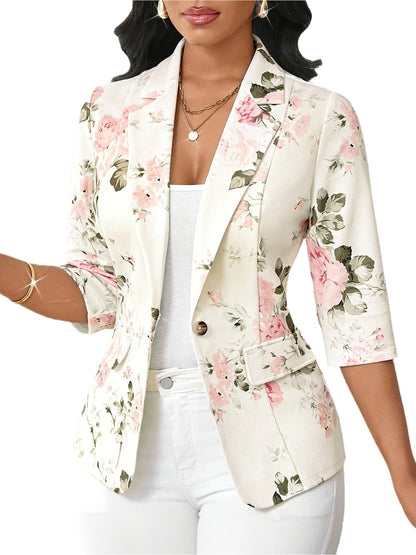Damen Blazer Elegant Floral Business Freizeitjacke mit 3/4-Ärmeln