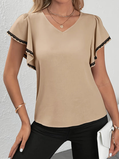 Damen Elegante V-Ausschnitt Bluse mit Volantärmeln und Spitzen-Detail – Büro & Freizeit
