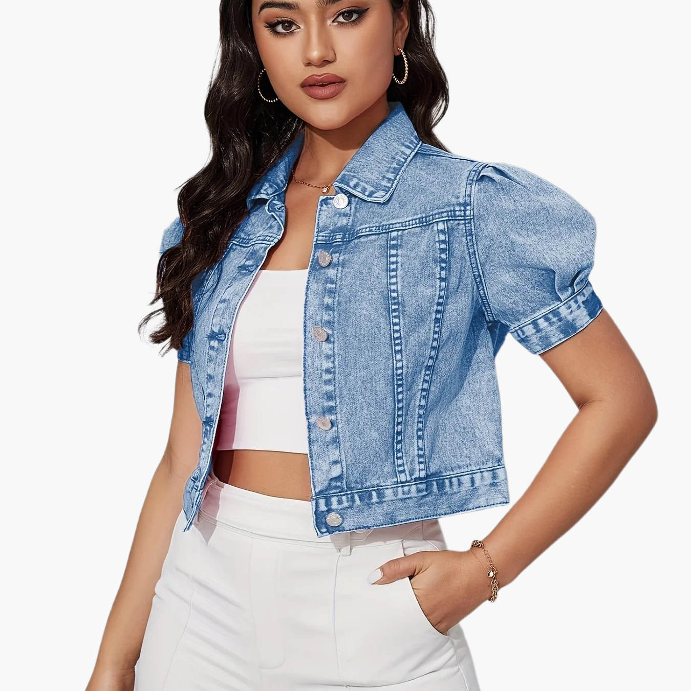 Damen Jeansjacke im Cropped-Stil mit Puffärmeln – Modischer Alltagsbegleiter