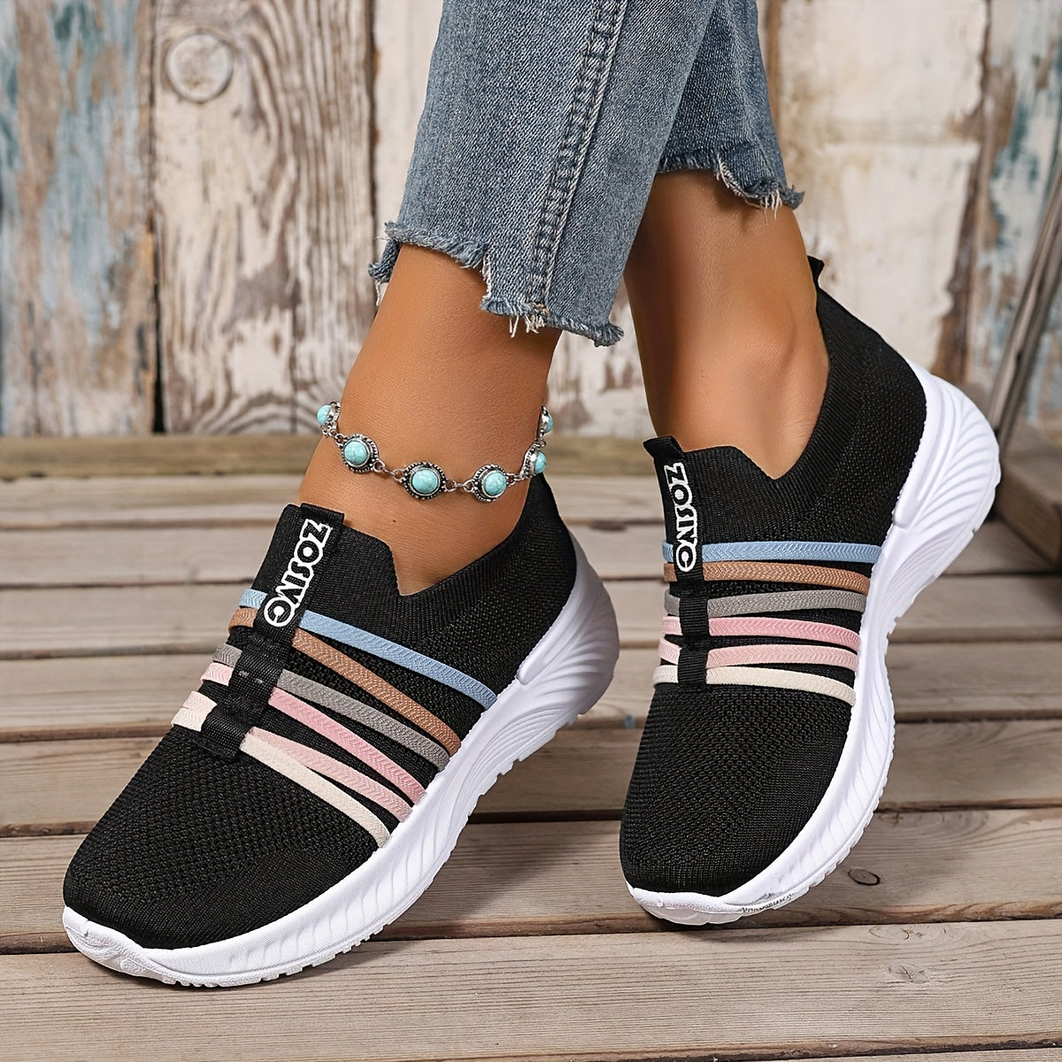 Damen Slip-On Sneakers Freizeit Bequeme Low-Top Schuhe mit Streifen-Design