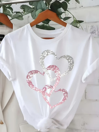 Damen T-Shirt mit Glitzer-Herz-Print – Modisches Freizeitshirt mit funkelndem Design