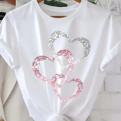 Damen T-Shirt mit Glitzer-Herz-Print – Modisches Freizeitshirt mit funkelndem Design