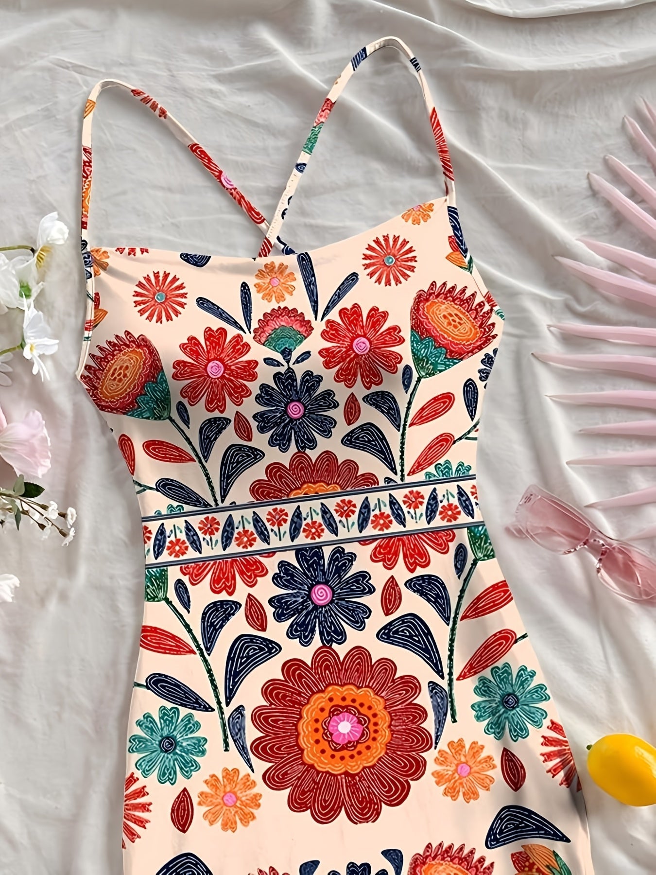 Damen Midi Kleid mit Blumenmuster und Spaghettiträgern – Boho Chic für Alltag & Urlaub