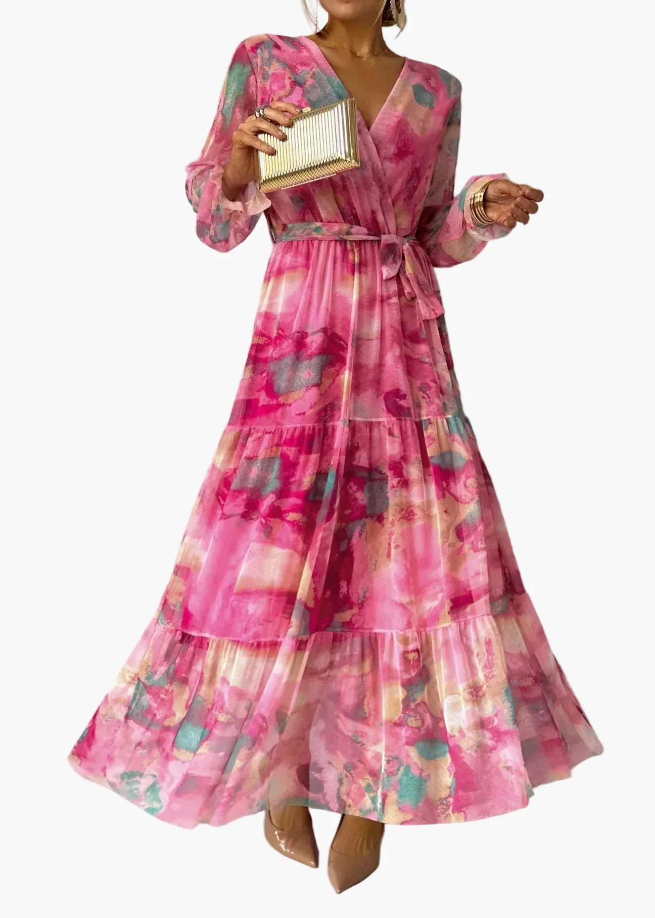 Damen Maxikleid Wickelkleid Langarm Elegant Boho Stil für festliche Anlässe