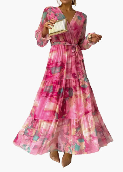 Damen Maxikleid Wickelkleid Langarm Elegant Boho Stil für festliche Anlässe