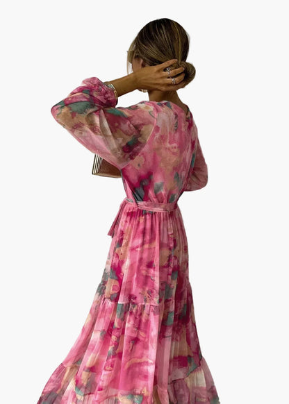 Damen Maxikleid Wickelkleid Langarm Elegant Boho Stil für festliche Anlässe