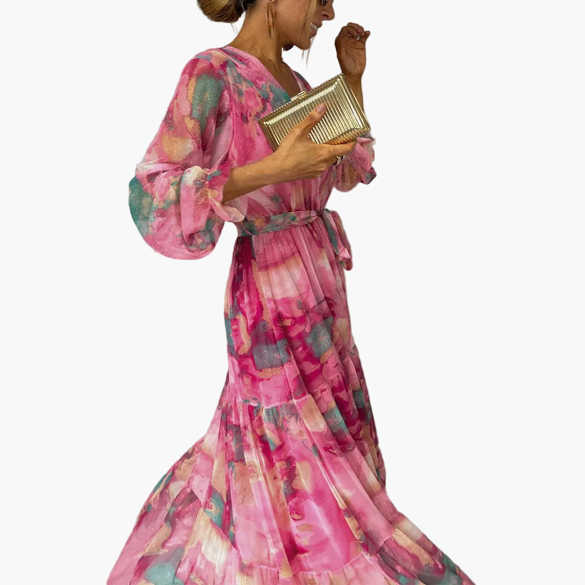 Damen Maxikleid Wickelkleid Langarm Elegant Boho Stil für festliche Anlässe