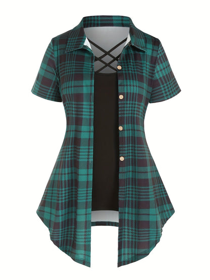Damen Tunika Bluse mit Karomuster und modischem Überwurf, Elegant für Alltag und Büro