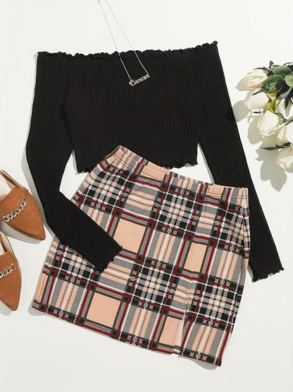 Damen Off-Shoulder Zweiteiler Set – Elegantes Oberteil mit Falten & Karierter Minirock – Perfekt für Frühling und Sommer