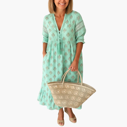Damen Boho Midi Kleid mit Print und Quasten, Sommer Freizeitkleid, Lockerer Schnitt