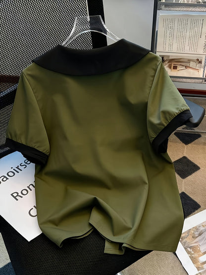 Damen Bluse im Vintage-Stil mit Kontrastkragen und kurzen Ärmeln – Elegante Alltagsmode