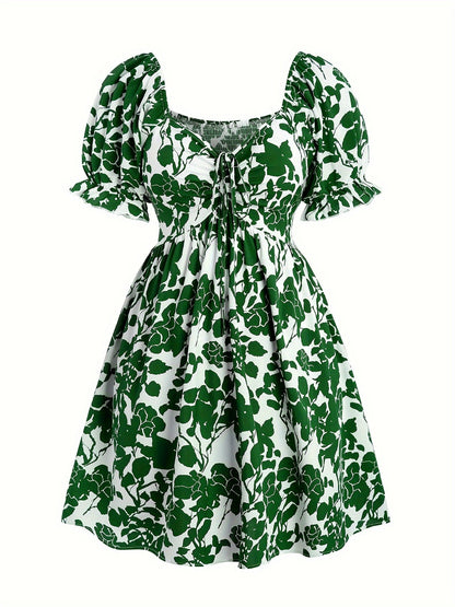 Damen Sommerkleid mit floralen Print und Puffärmeln – Elegantes Fit & Flare Freizeitkleid