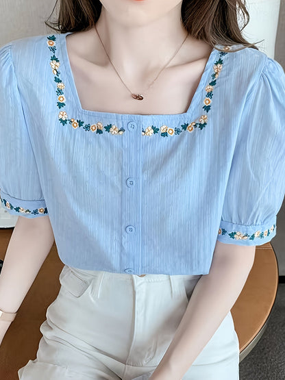 Damen Bluse mit Stickerei und Quadrat-Ausschnitt – Eleganter Sommerstil