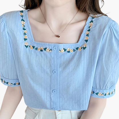 Damen Bluse mit Stickerei und Quadrat-Ausschnitt – Eleganter Sommerstil