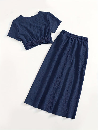 Damen Zweiteiler Set mit Crop Top und Midi Rock – Eleganter Freizeit-Look