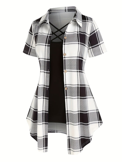 Damen Tunika Bluse mit Karomuster und modischem Überwurf, Elegant für Alltag und Büro