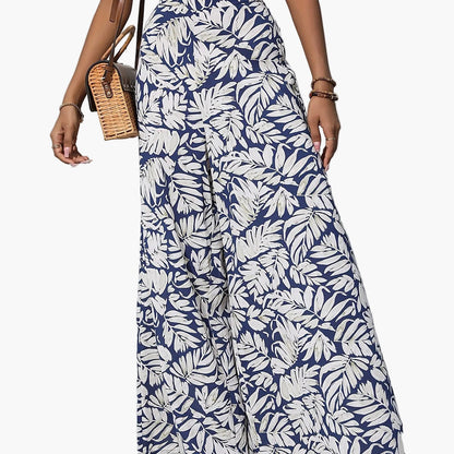 Damen Weite Palazzo-Hose mit tropischem Blattmuster – Sommerlich, Boho, Ideal für Strand & Freizeit