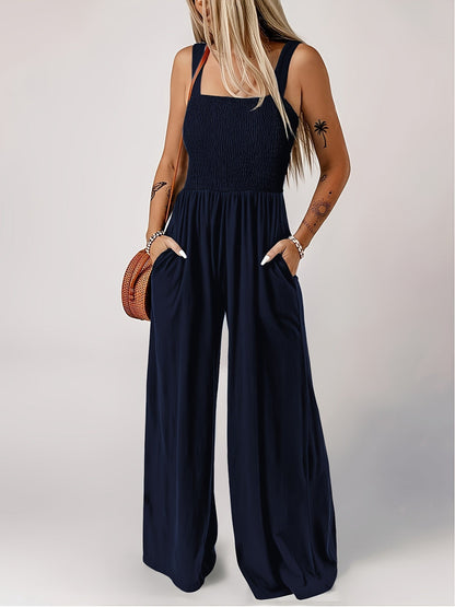 Damen Jumpsuit Elegant mit weitem Bein und Smok-Top, Sommer Overall für Freizeit & Urlaub